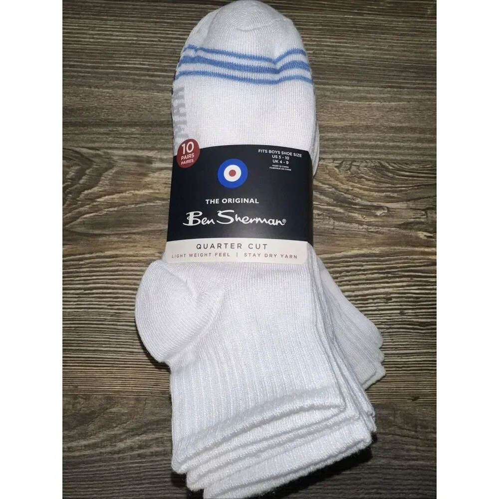 Ben Sherman Quarter Cut Socks 10-Pair White Light Weight Feel Stay Dry Yard